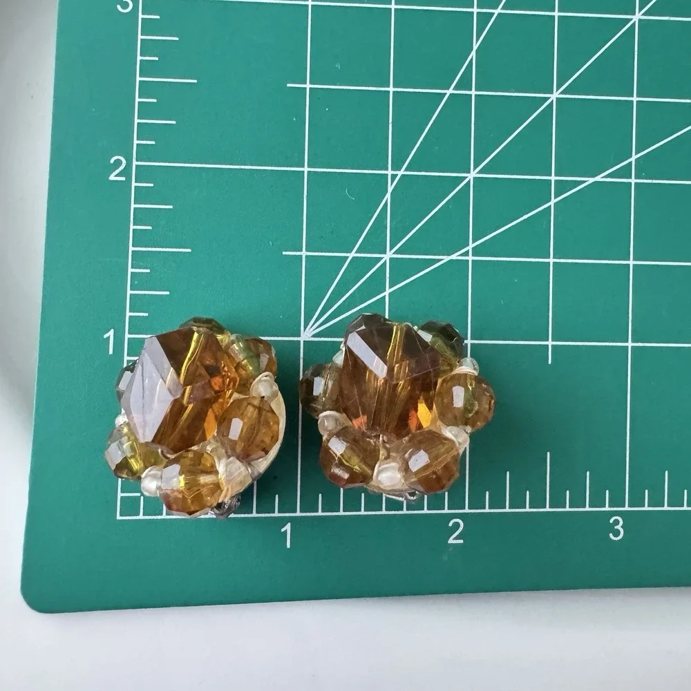 Vintage Amber Color‎ Beaded Cluster Clip Earrings Lucite Western Germany Classic